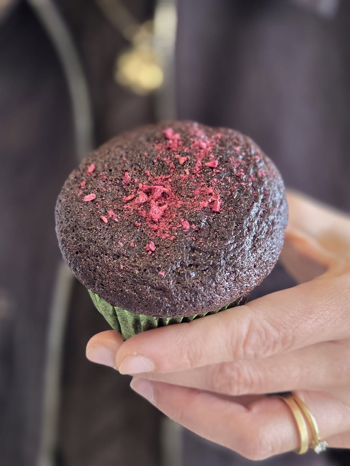 A chocolate raspberry muffin held in hand