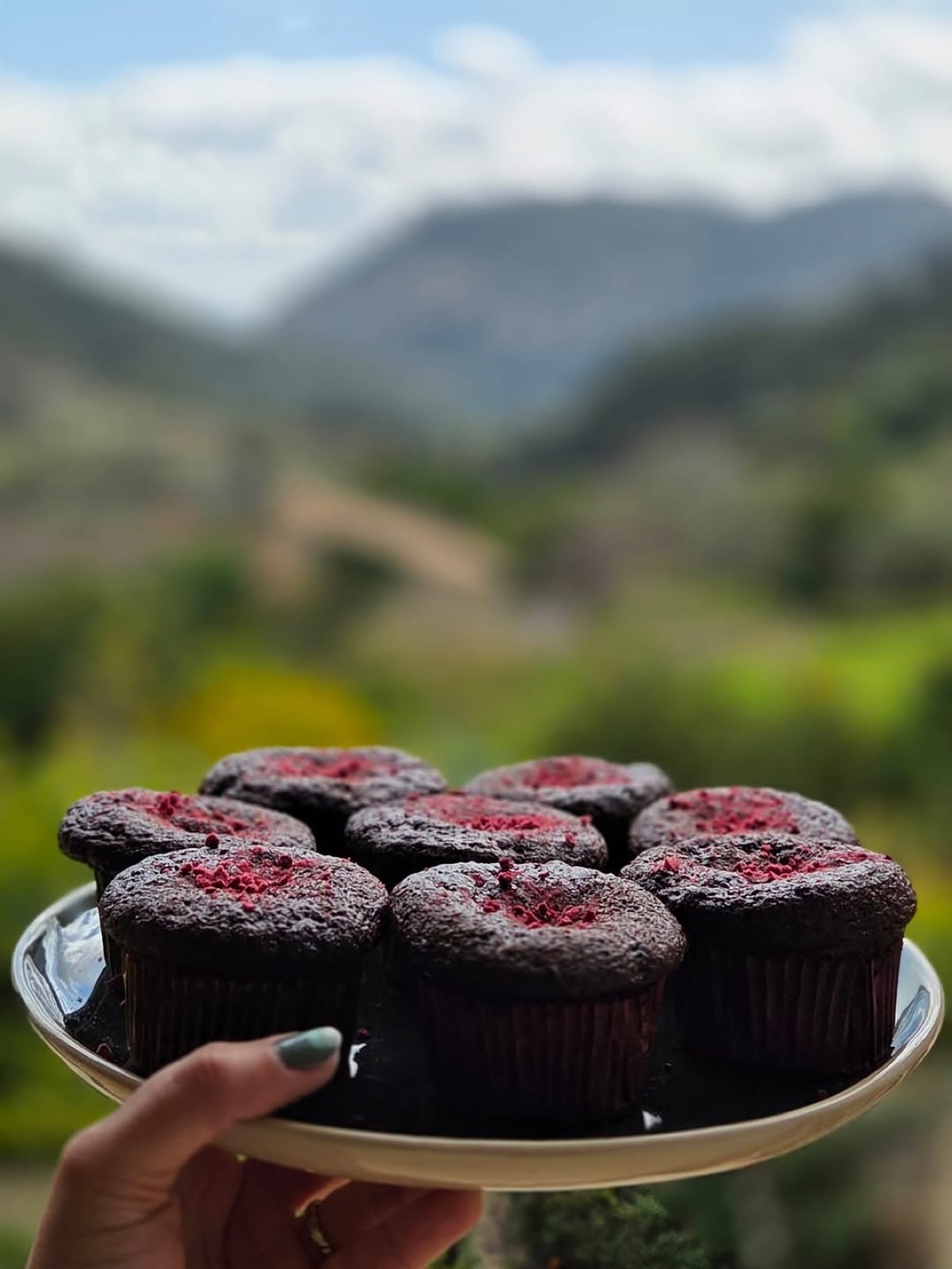 Fresh chocolate muffins held up against the Tramuntana mountains